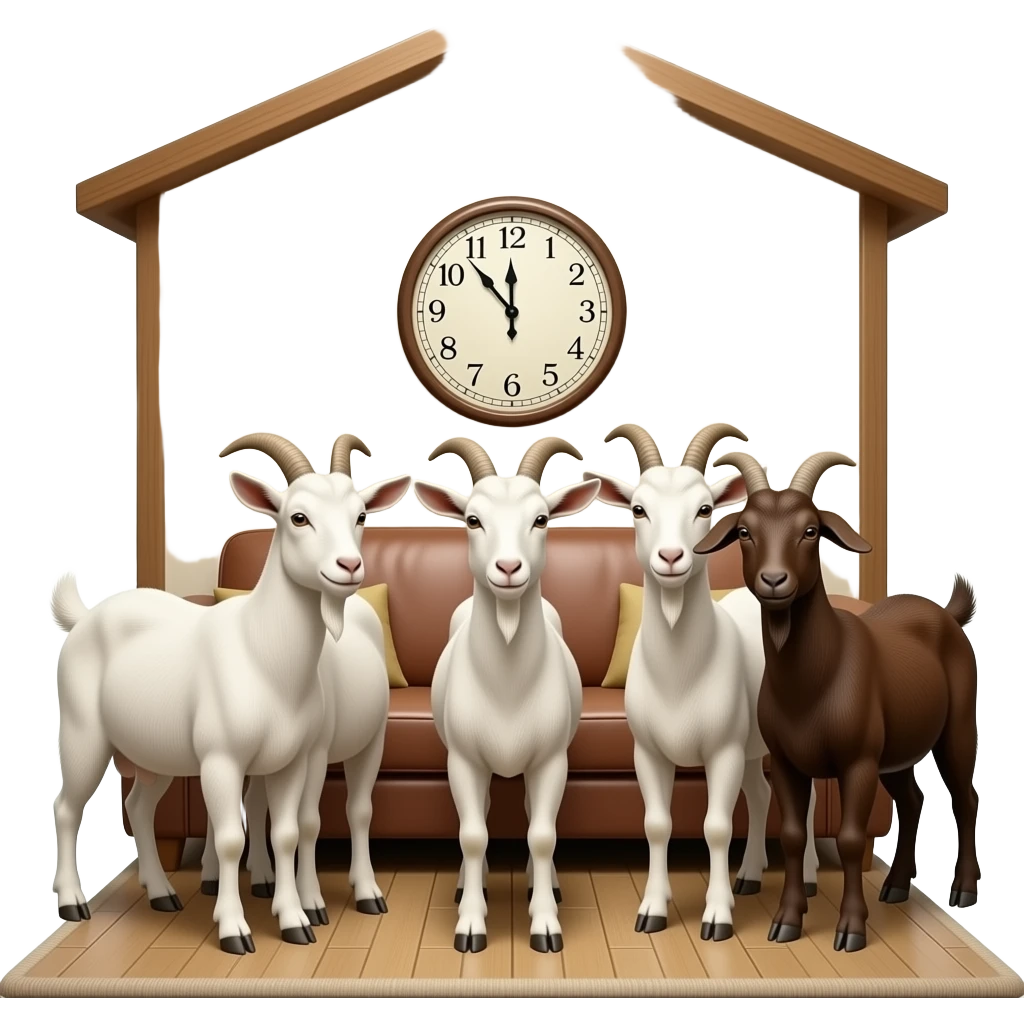 siete cabritas en una casa con un sofa, un reloj... que sea realista emoji