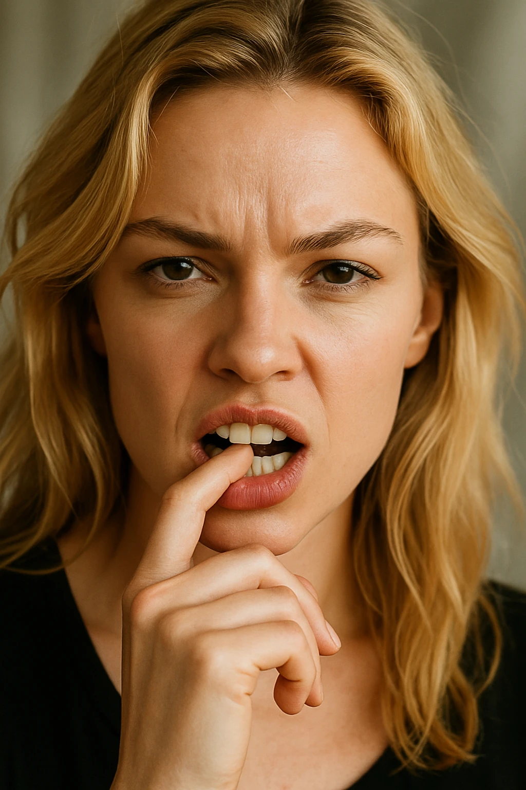 close-up portrait of a blonde woman biting her finger boldly, expressive, confident emoji