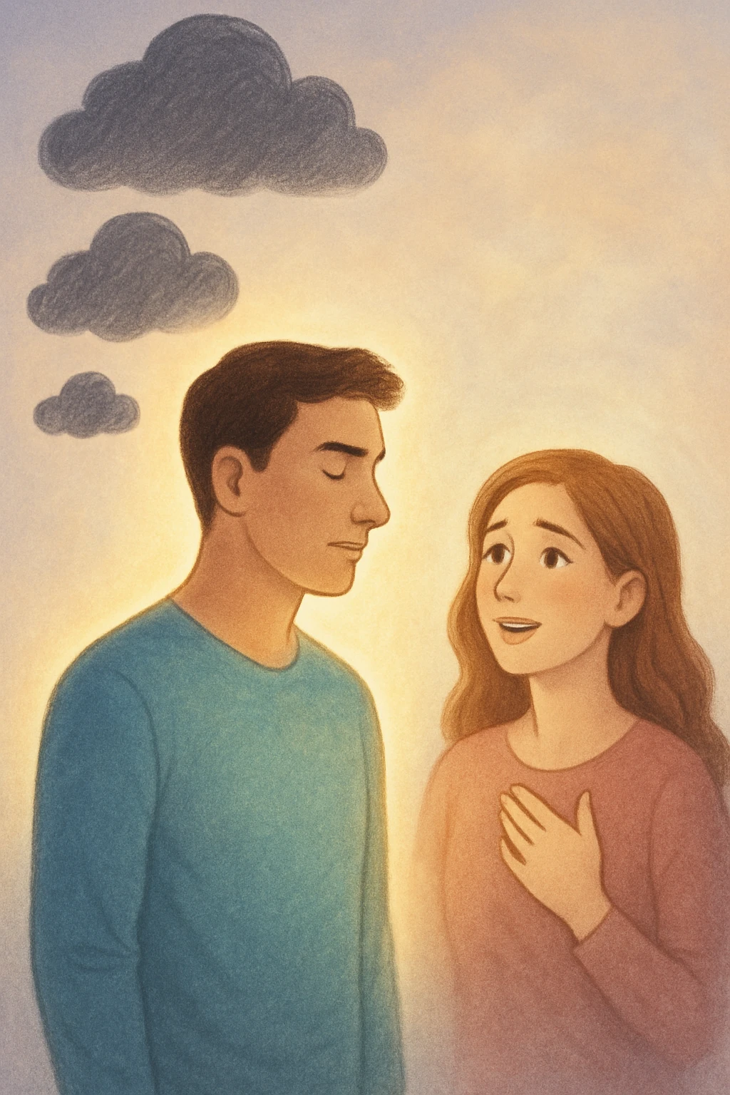 Vertical format: A man with a serene and determined expression facing his problems alone, positive energy radiating from him, the woman next to him appears relieved and brighter, atmosphere of balance and relief. emoji