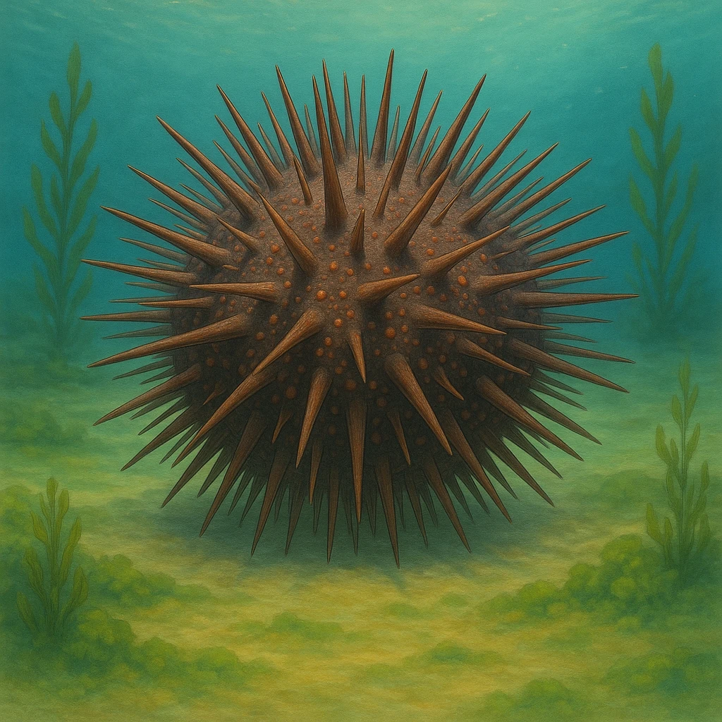 realistic sea urchin, highly detailed, natural colors, underwater, no text, ghibli style with realism emphasis emoji