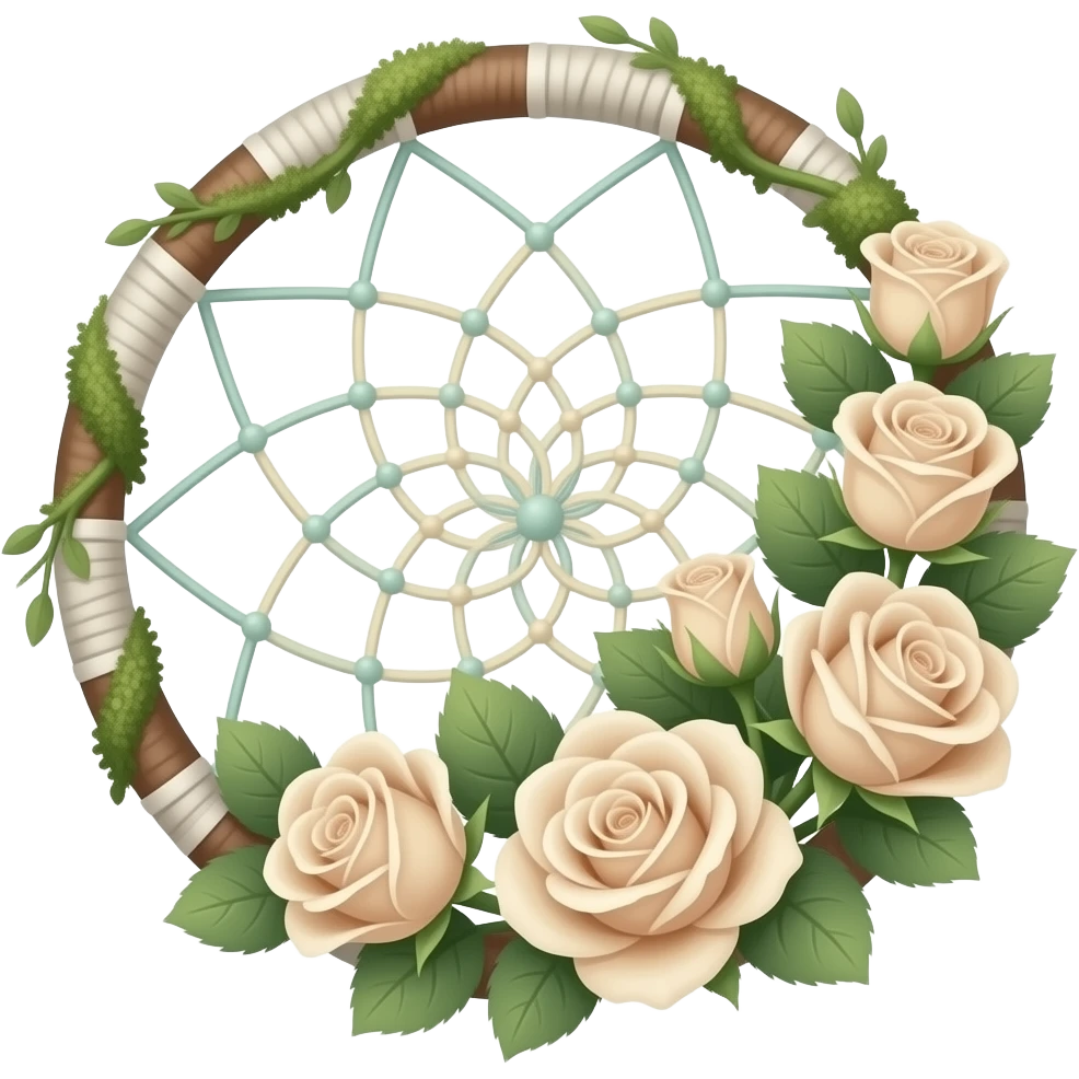 Cute dainty neat Pastel Green-white-brownish-beige-gradients dreamcatcher, pastel colors, whitish, light, green academia aesthetic, mossy, with green vines and beige roses emoji
