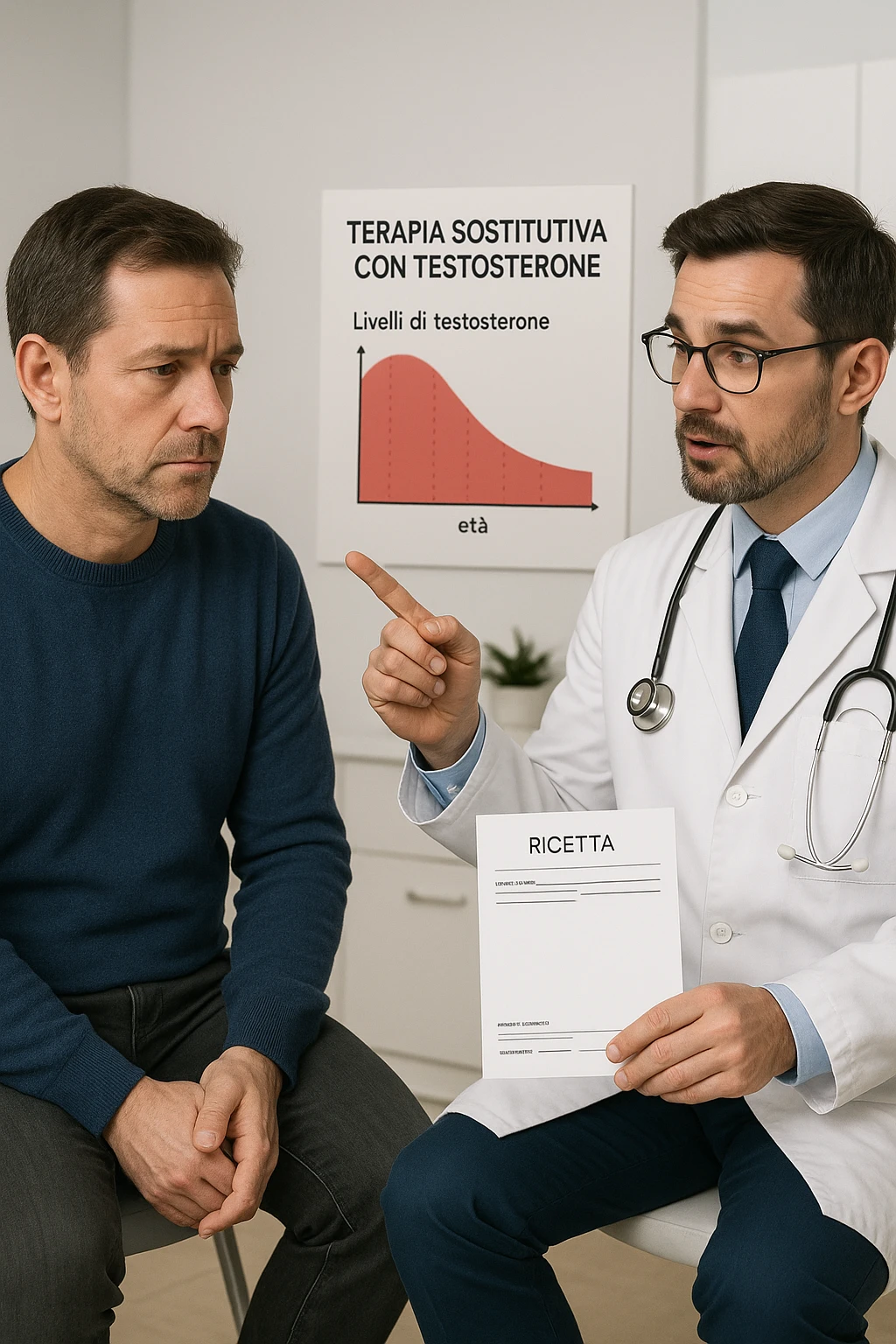 a man in his 40s sits in a doctor’s office, listening attentively as a physician explains TRT (Testosterone Replacement Therapy). The doctor holds a prescription pad and points to an educational chart showing testosterone levels. The mood is professional and informative, with a clean, clinical background. scritte in italiano emoji
