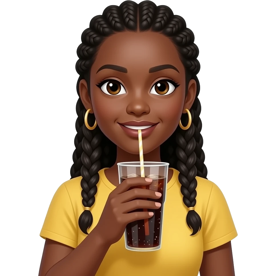 black woman with hair braids wearing a yellow top and holding cup of soda emoji