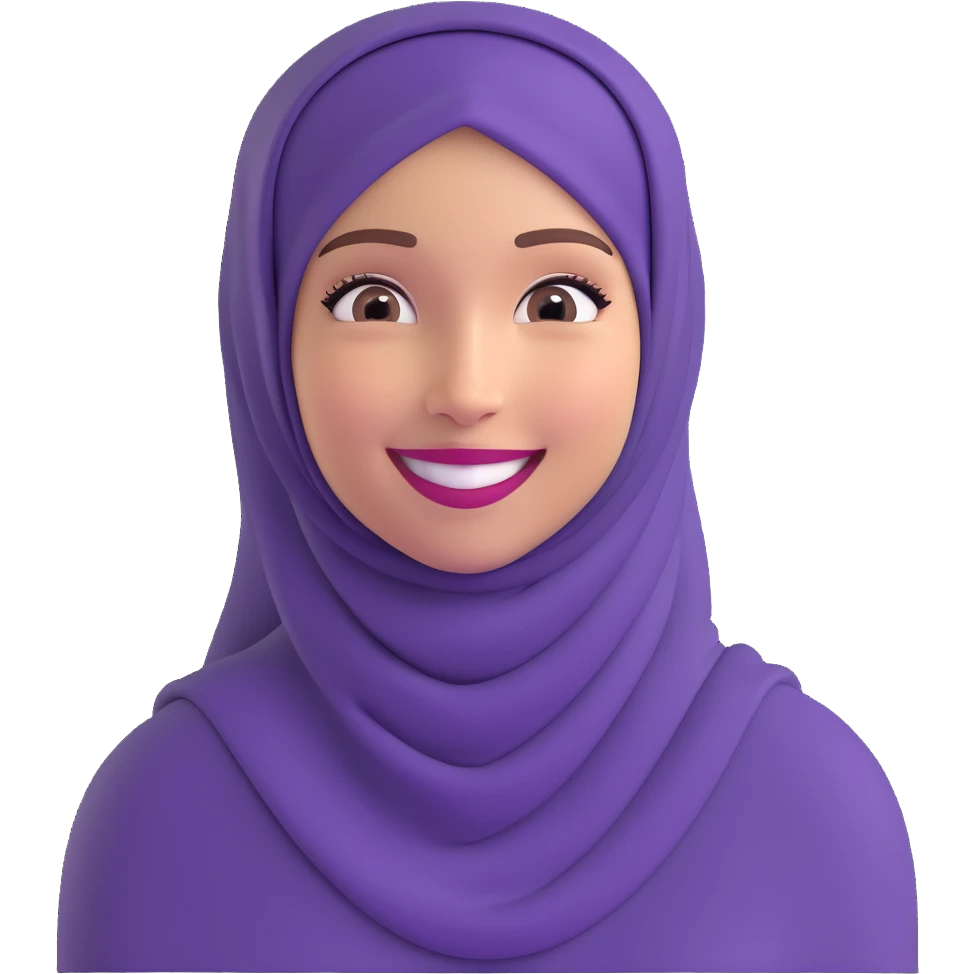 young girl with a purple hijab, big smile, cheerful expression emoji