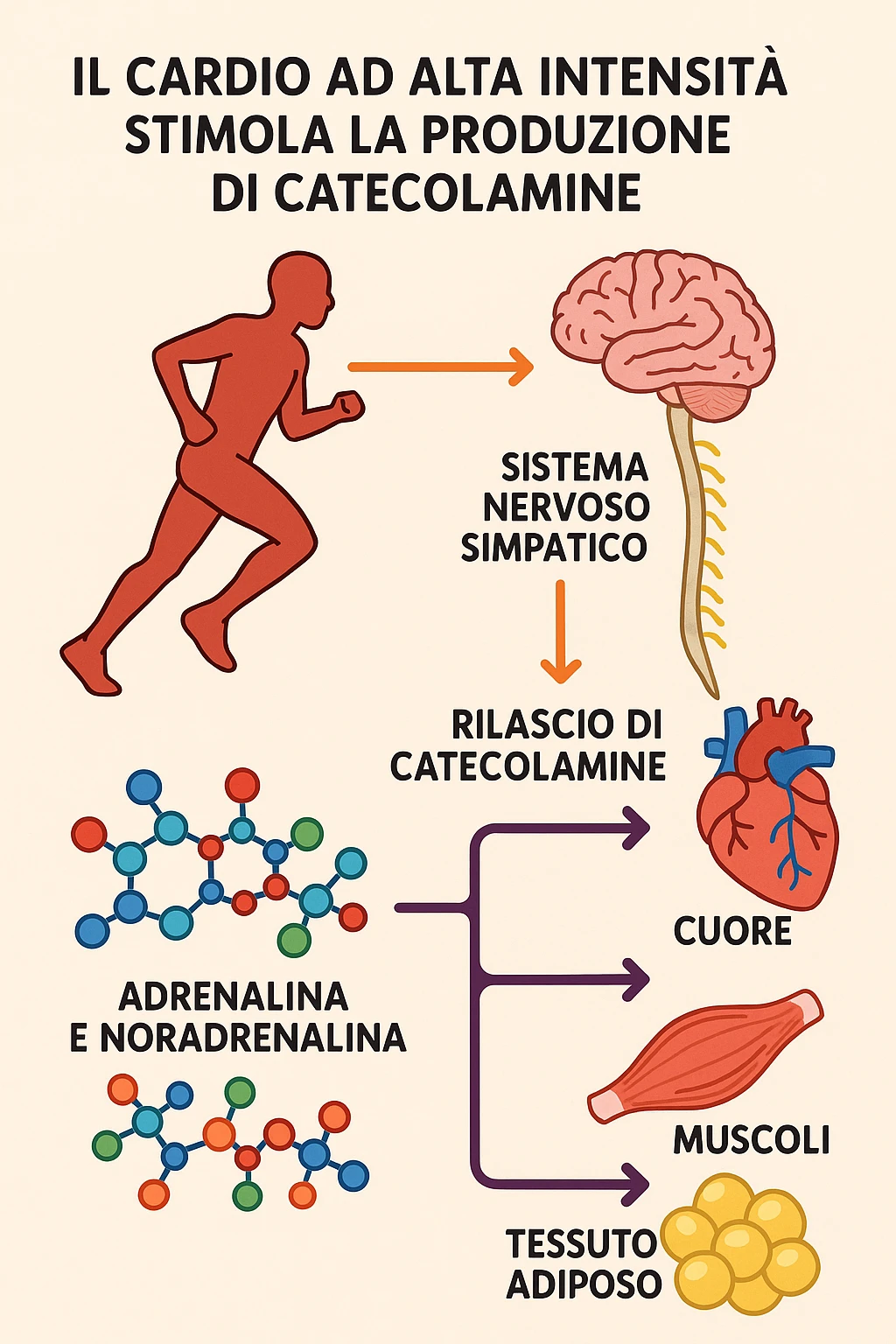fai uno schemino che mostra come il cardio ad alta intensità stimola le catecolamine emoji