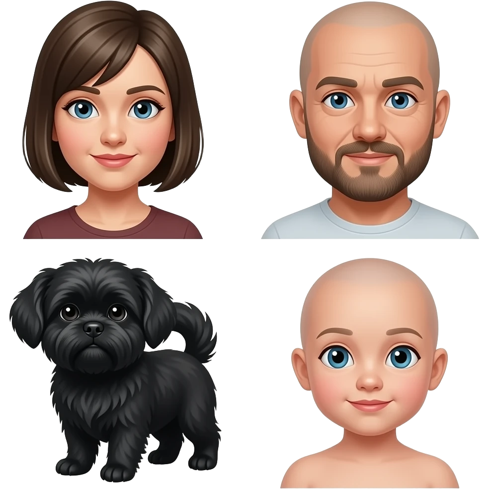 grey eyes woman with dark blond bob haircut and her boyfriend bald blue eye man with beard, her little shiatsu black dog and her 10 months daughter with no hair emoji
