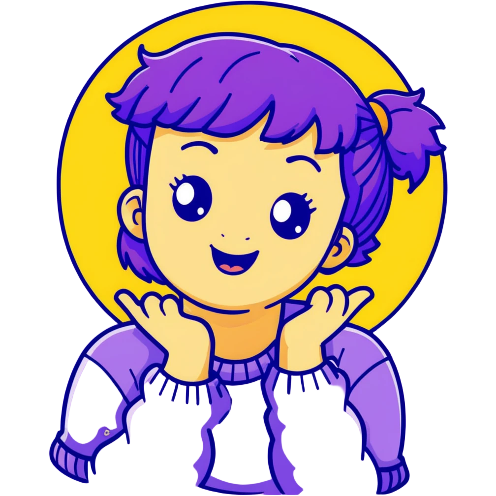 A cute girl with purple hair and a cheerful expression emoji