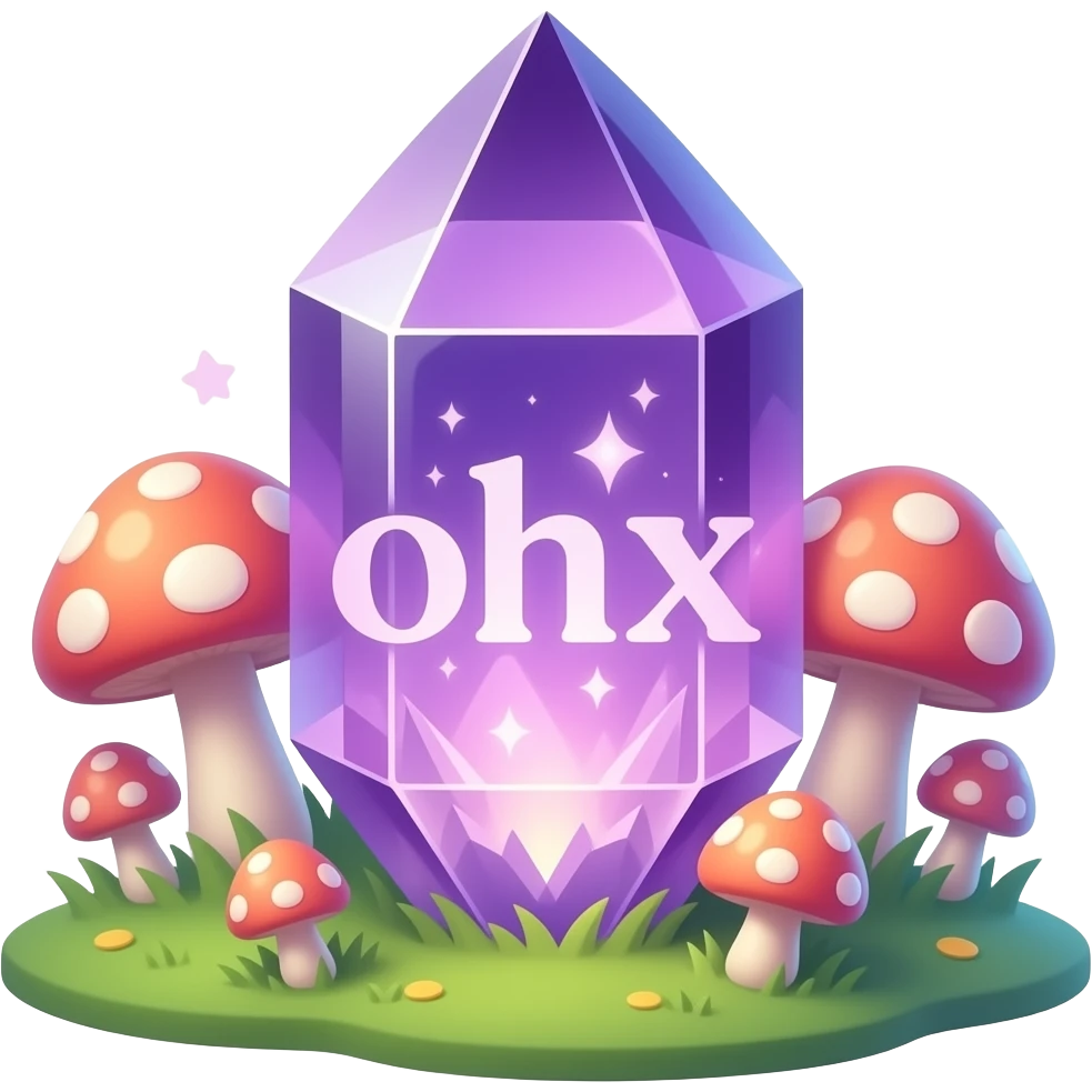 A text 'Text' carved out of a singular, transparent Amethyst crystal, internal glowing magical light, surrounded by soft glowing mushrooms, magical realism style, detailed, 3D, shimmering particles, fantasy illustration emoji