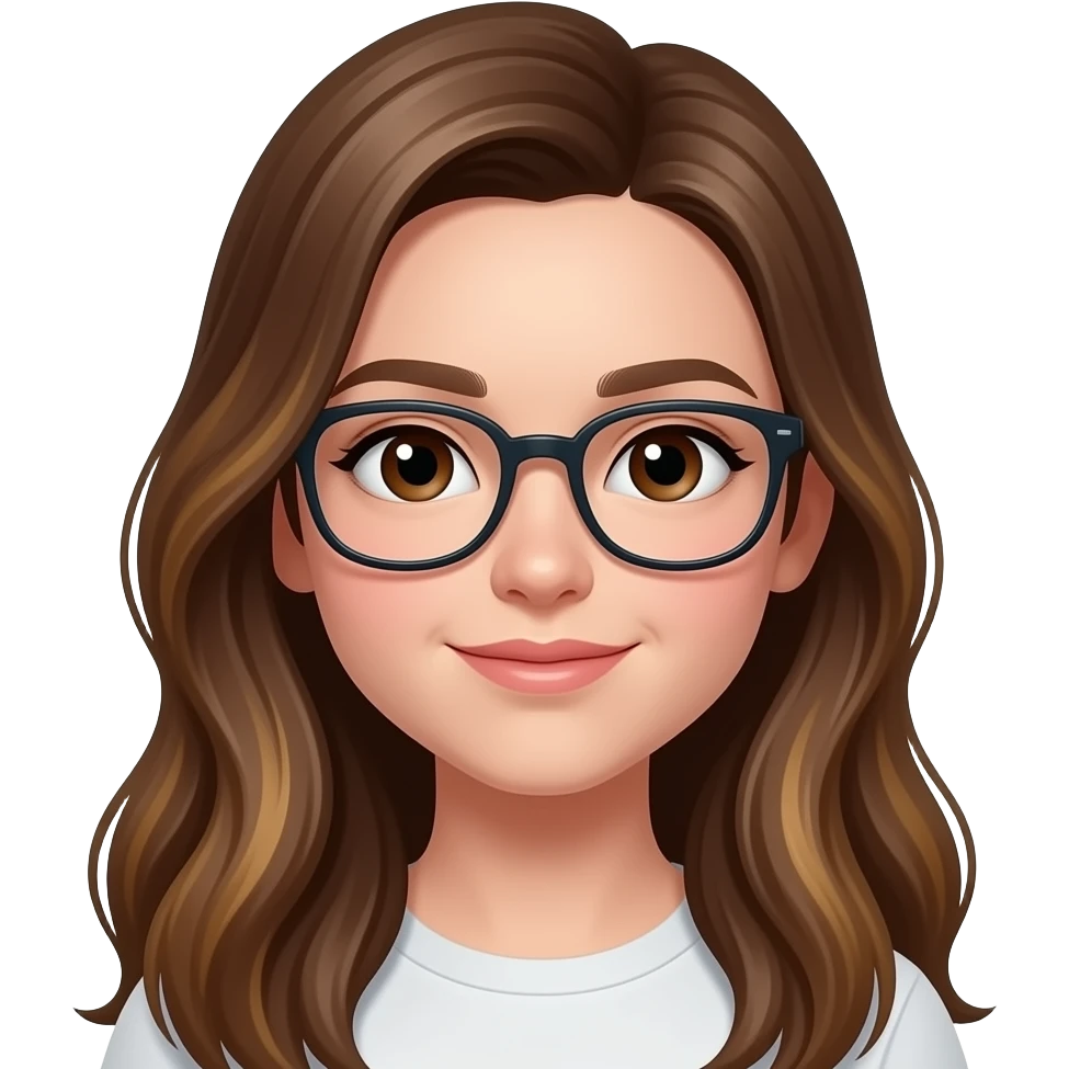 15 year old girl with brown long hair and thin carmel highlights and dark brown eyes with glasses emoji