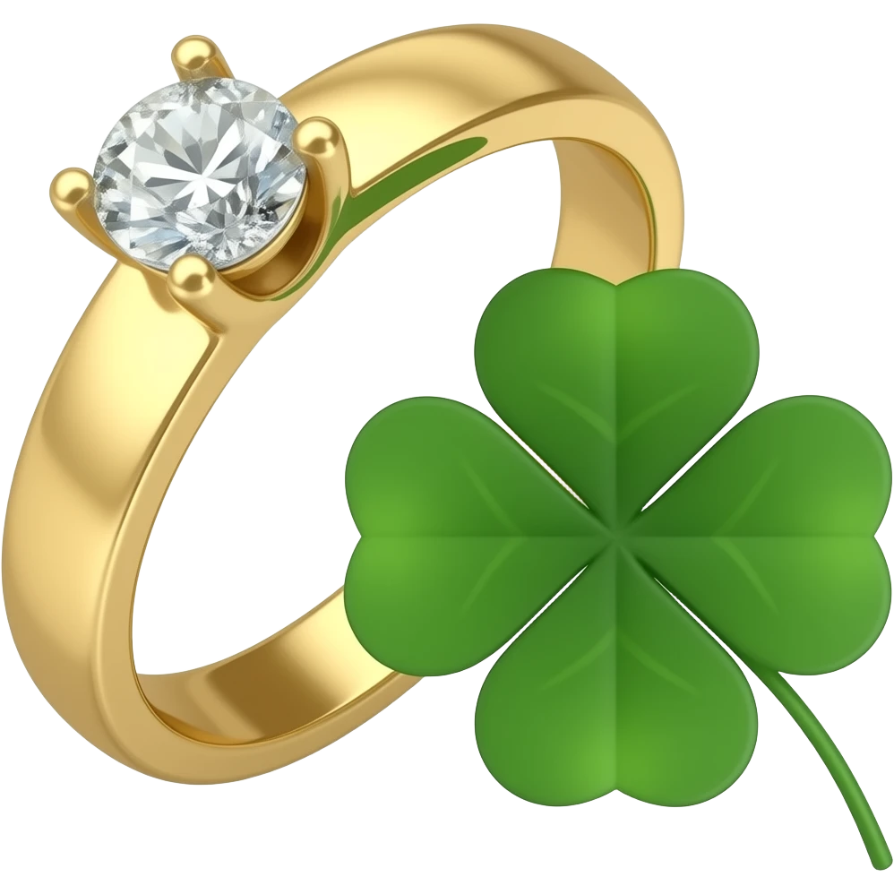 Gold band Diamond ring and a green 4 leaf clover next to it emoji