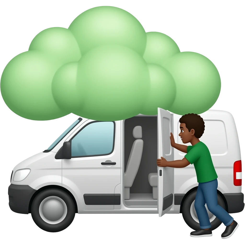 A black man opens the back door of a white van and the green cloud comes out of it. emoji