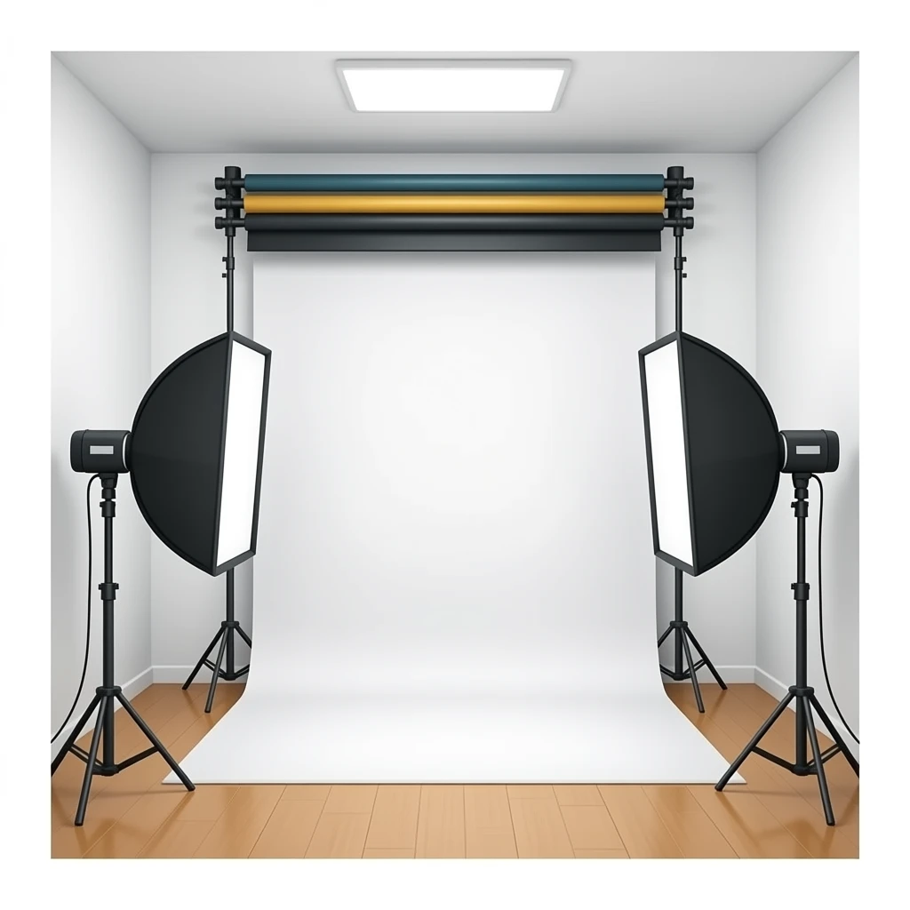 indoor white photography studio with camera equipment, with the curtains closed emoji