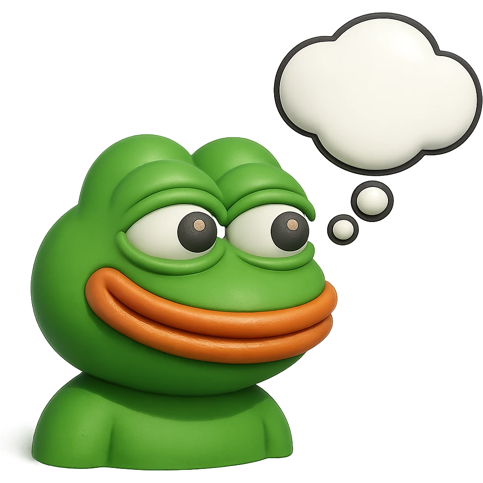 make a pepe in bright green smiling with thought bubble looking at right side in 3d style, good highlights and shadows, drop shadows emoji