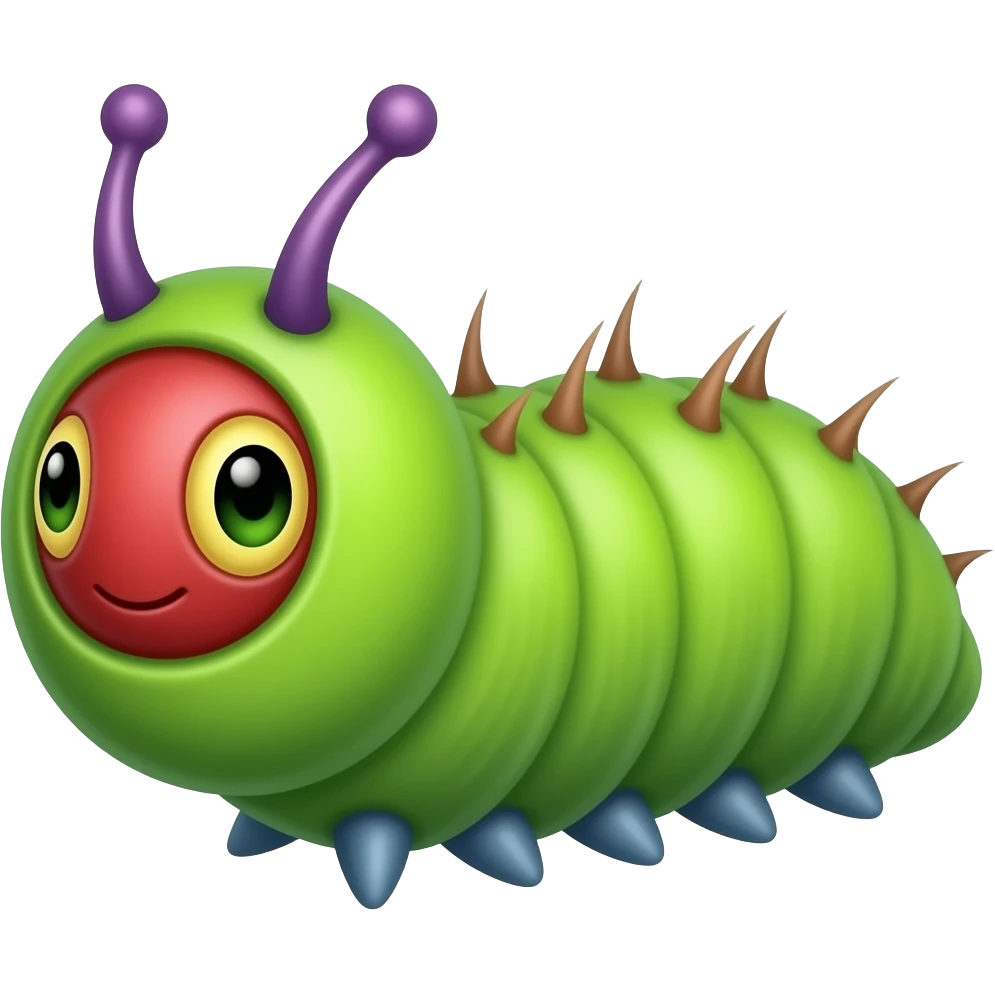 a small, bright green larva with a round red face, two yellow-and-green eyes, and purple antennae. Its segmented body features a row of tiny brown tufts along its back and is supported by several sets of small blue legs. emoji