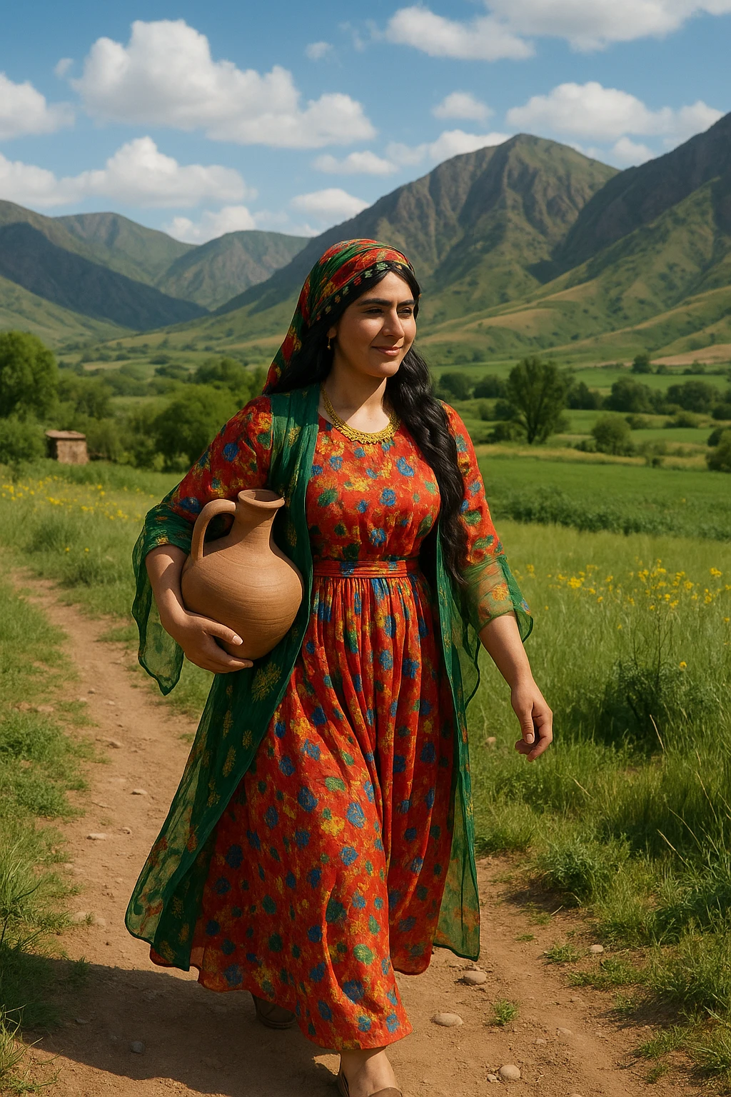 کوردی woman in colorful Kurdish clothes, holding a clay water jug, walking in a rural setting, mountains in background emoji