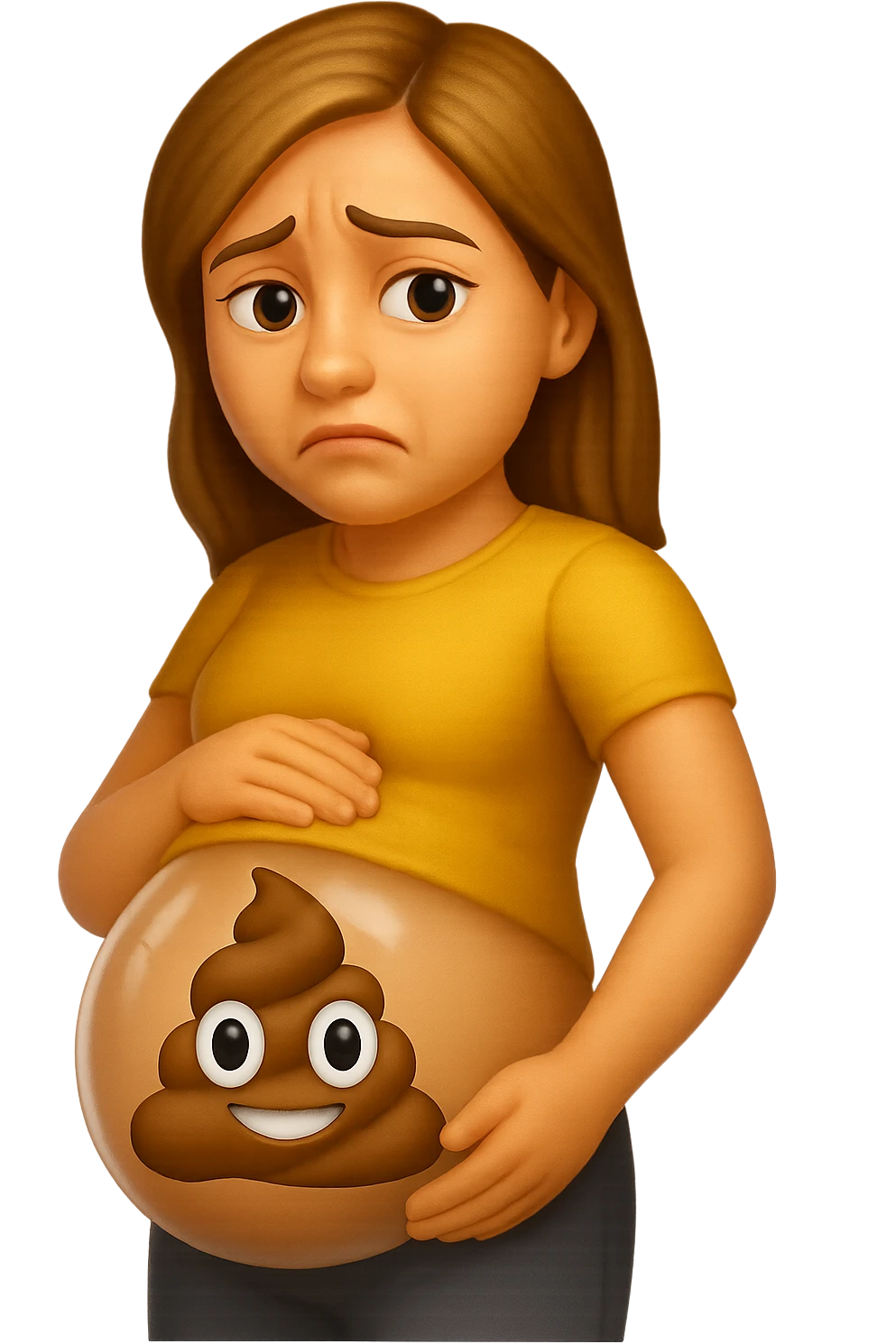 emoji stile iphone di una donna con pancia gonfia piena di cacche con gli occhi, iperrealistico 4k emoji