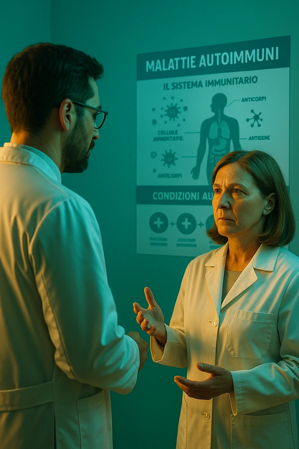 Foto tutta in italiano Realistic, detailed photo taken from behind of one doctor e un paziente —a bearded man and a middle-aged woman—standing and facing each other as they discuss an autoimmune disease diagnosis in front of a medical chart that displays information about the immune system and autoimmune conditions. The scene is illuminated by a yellowish, orange, warm light that softly envelops the doctors. The entire room is bathed in a single green-blue color, creating a cohesive and modern atmosphere. Both doctors wear white coats, and their body language suggests a serious, professional conversation about the complexities of autoimmune diseases. Shot with a Canon EOS R5, with high detail and natural depth of field. scritto in italiano emoji
