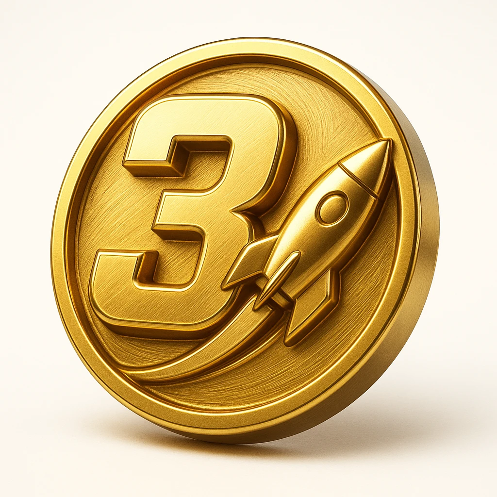 gold medal with the number 3 and a small rocket, vibrant and energetic, inspired by Rocket League style, dynamic gaming icon emoji
