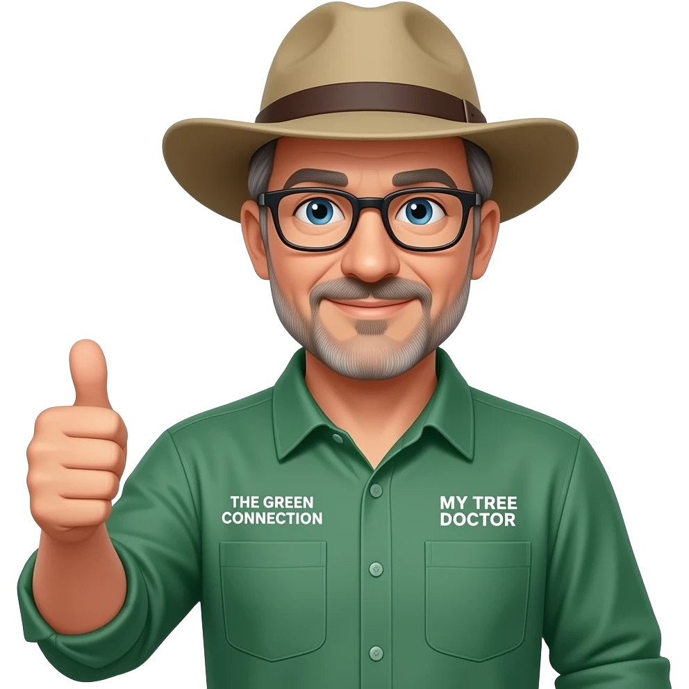 middle-aged, flecks of grey hair man. Blue eyes, dark-rimmed, narrower rectangle glasses, in a green-collared, long-sleeve shirt & a wide-brim hat. Giving a thumbs up. Place the words 'THE GREEN CONNECTION' in white on the left pocket. On right pocket, write 'MY TREE DOCTOR' emoji