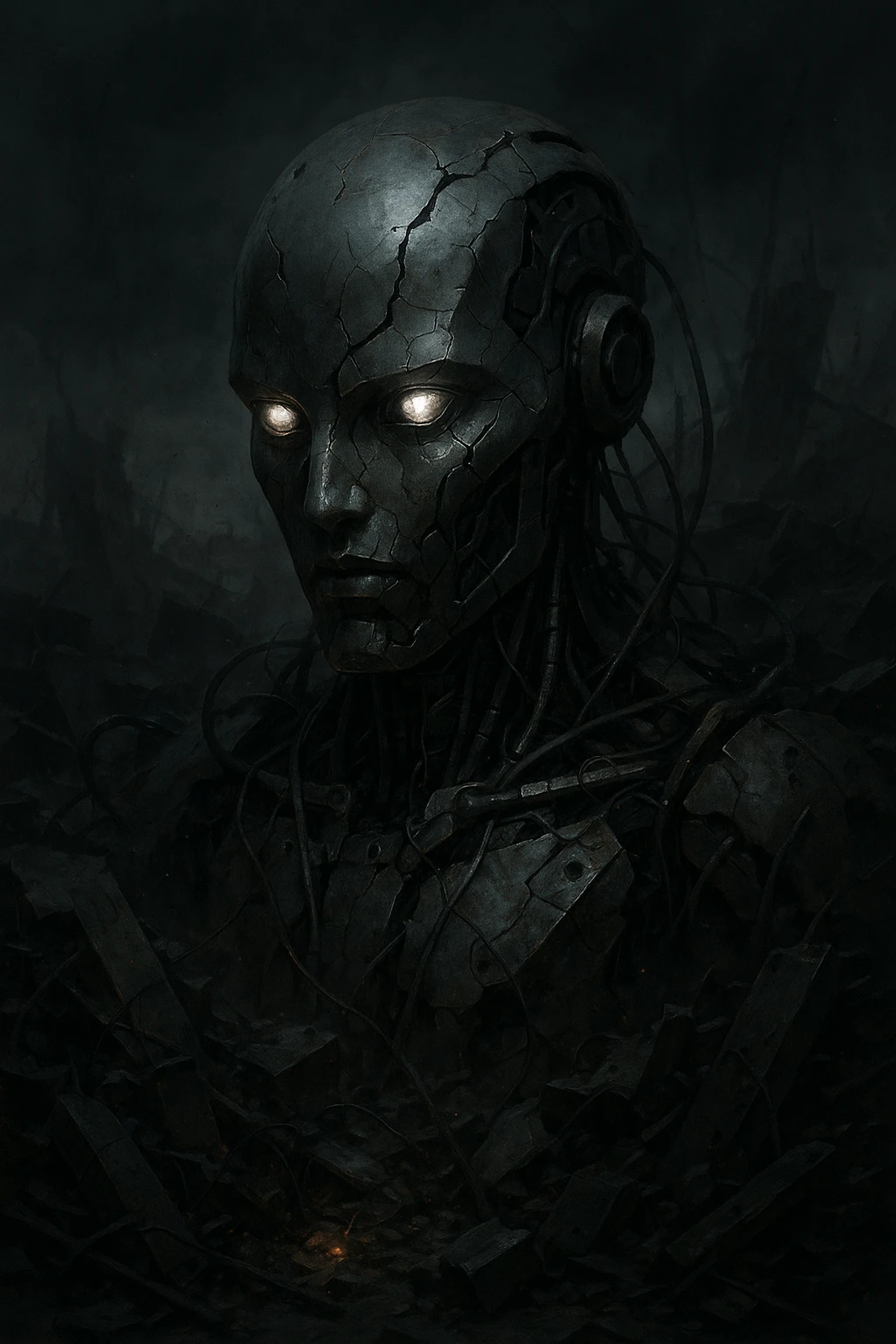Futuristic AI head emerging from rubble, wires and debris, end-of-the-world vibe emoji
