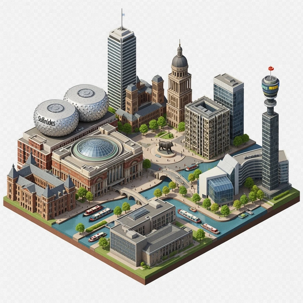 Isometric illustration of Birmingham, balanced between stylized and realistic, 3D miniature effect, transparent background. emoji