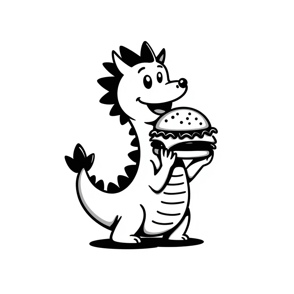 a dragon eating a cheeseburger, hand drawn doodle style emoji