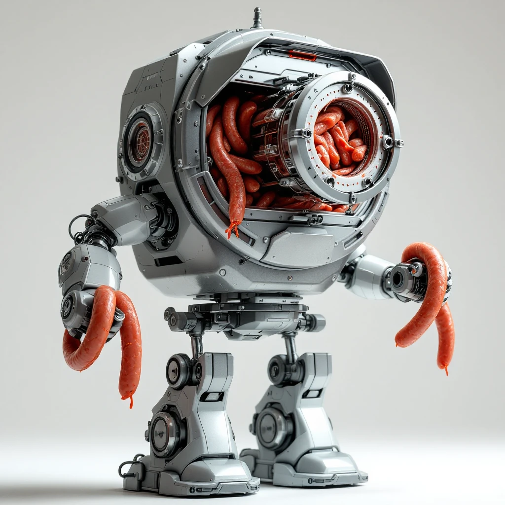 a robot that has an exposed meat grinder for a head. 2 arms that stuff meat into its spinning meat grinder and sausage links come out of the rear. The robot hovers.  emoji