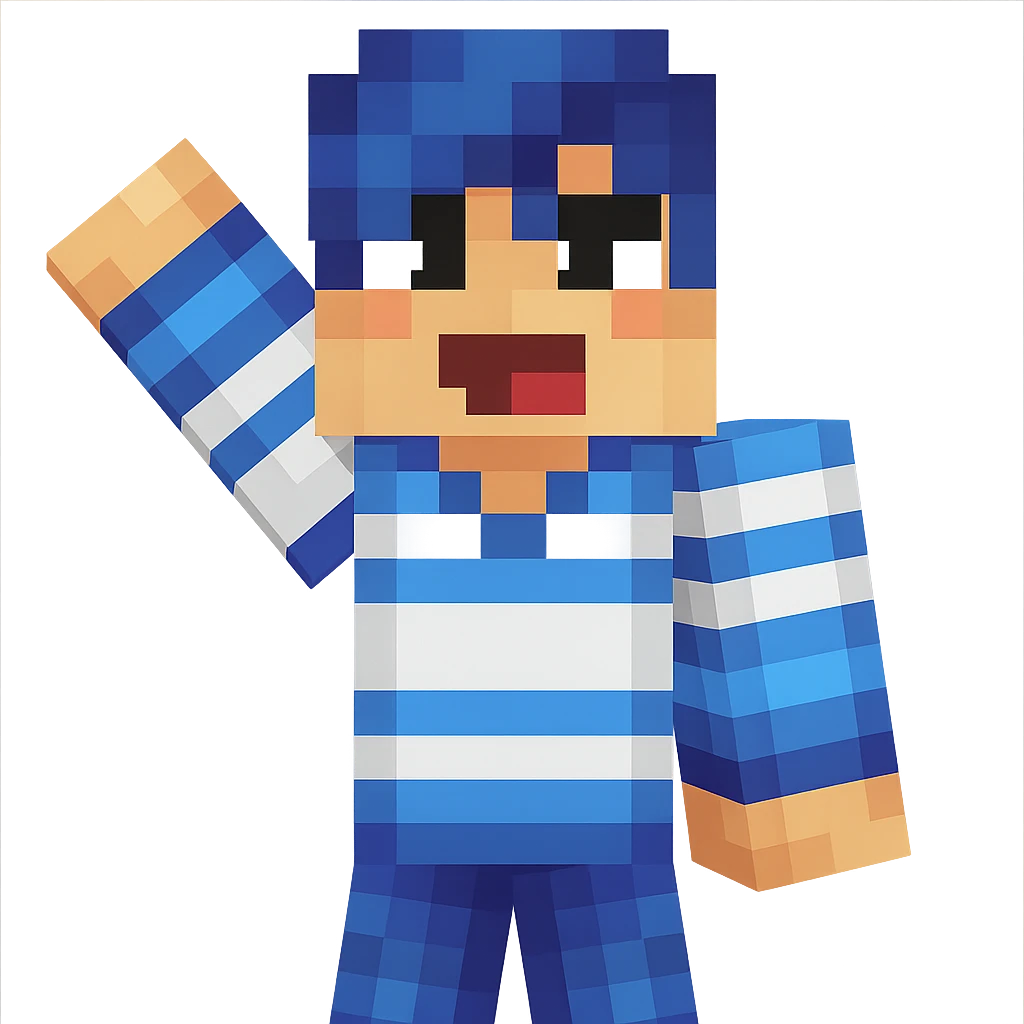 Extract only the first character from the left with blue and white stripes, keep the original Minecraft cartoon style and appearance, place on a transparent background. emoji