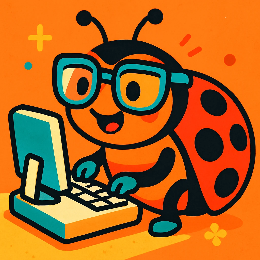 a cute ladybug with a computer, nerdy vibe, cheerful illustration, vibrant toon, colorful, playful emoji
