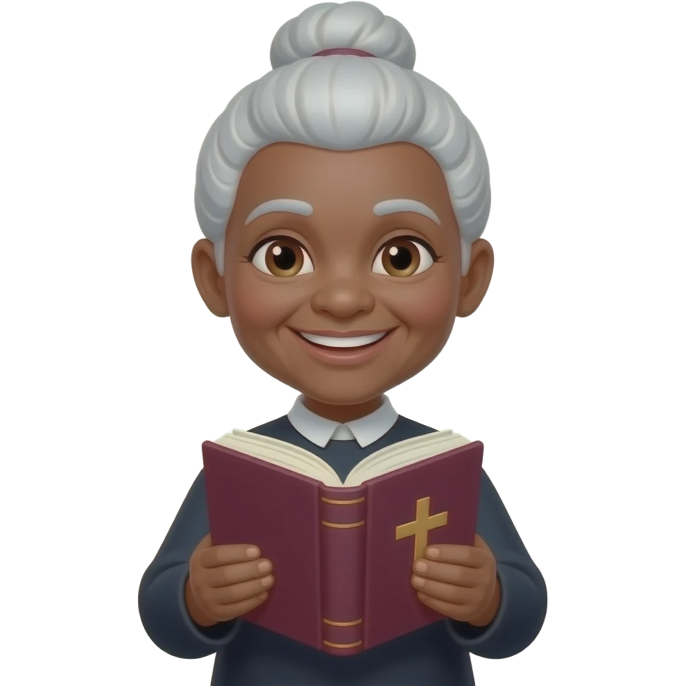 wise old woman with white hair in a bun black skin smile with burgundy book that has a cross on it emoji