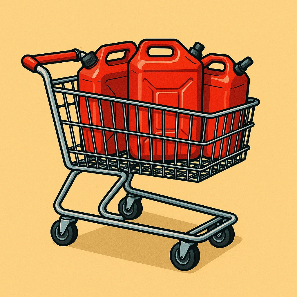 Сгенерируй мне тележку из магазина с красными канистрами бензина   на однородном фоне в стиле чуть чуть  комикса. Канистра стоит четко прямо. без надписей emoji