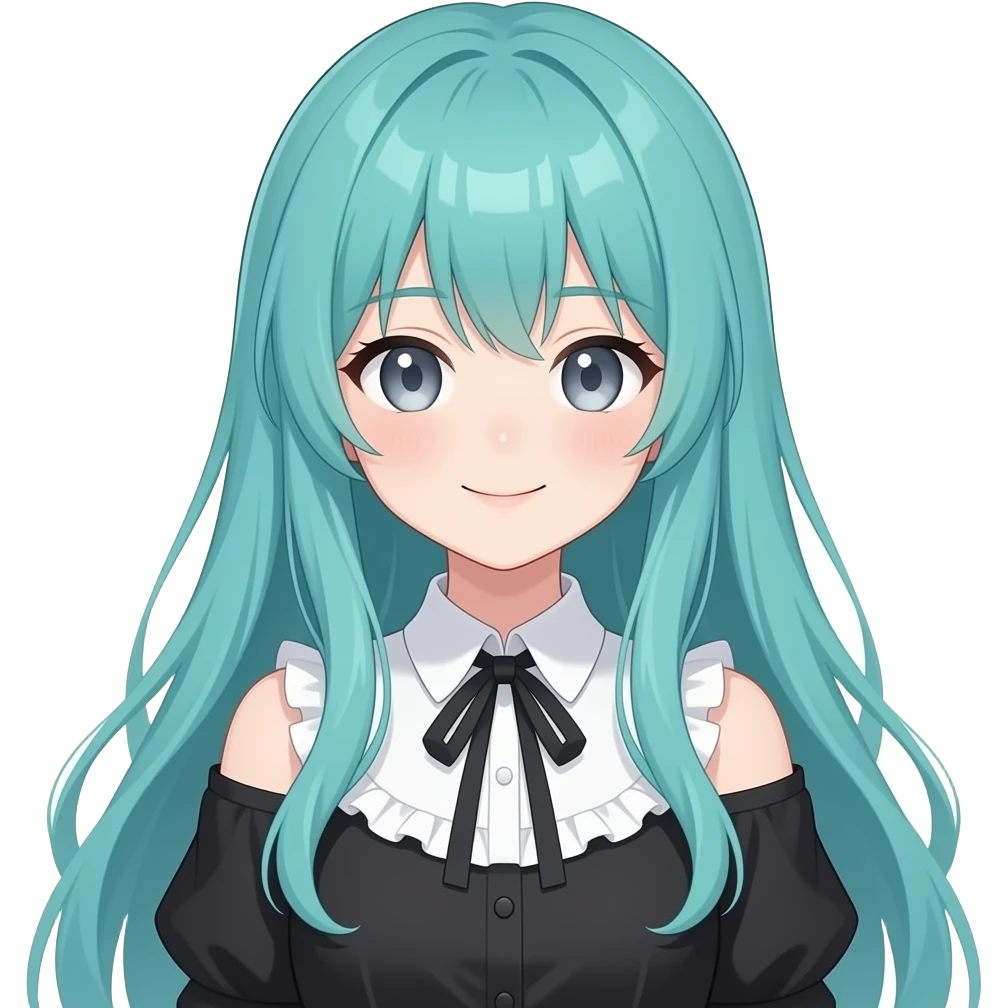 anime girl,happy,  long flowing mucha teal hair, grey eyes, black shoulder blouse with fancy white collar emoji