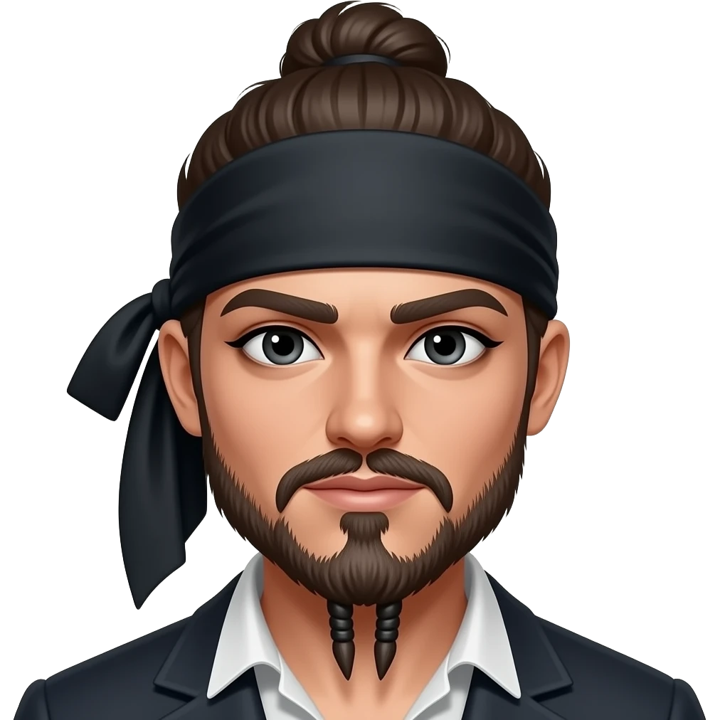 Captain jack sparrow looking Hair color in pony /man bun/top knot black bandana more eyeliner trimmed full beard stubble with long goatee, thicker stubble a lot and wider long goatee, add mascara, eye liner and eye shadow.. all dark eye make up emoji