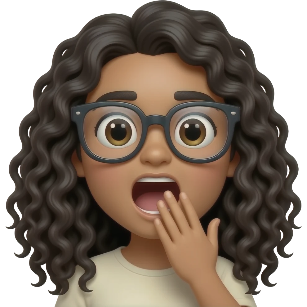 Kawaii style round very light brown glossy with oversized glasses and long curly black hair, yawning with hand in front of mouth emoji