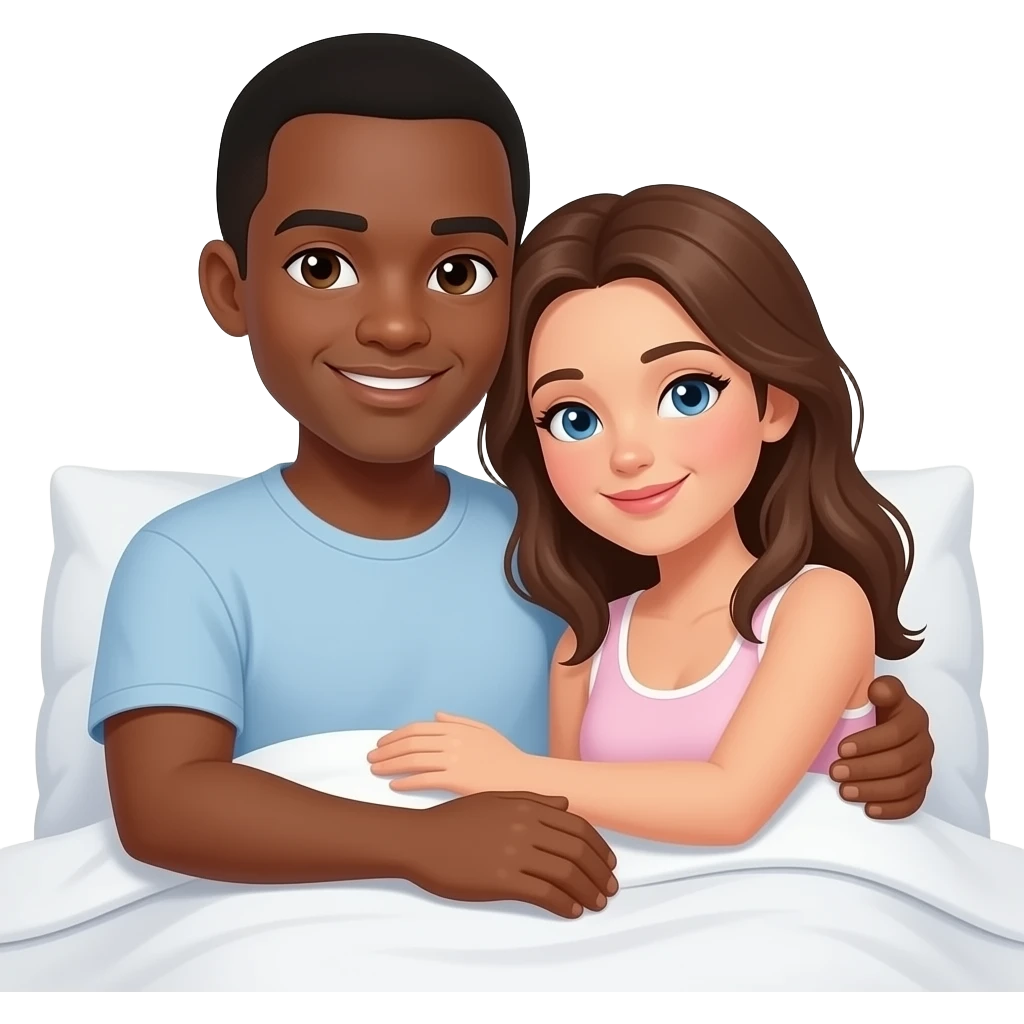 Short hair Dark skin black man and brown hair white woman cuddling in bed emoji