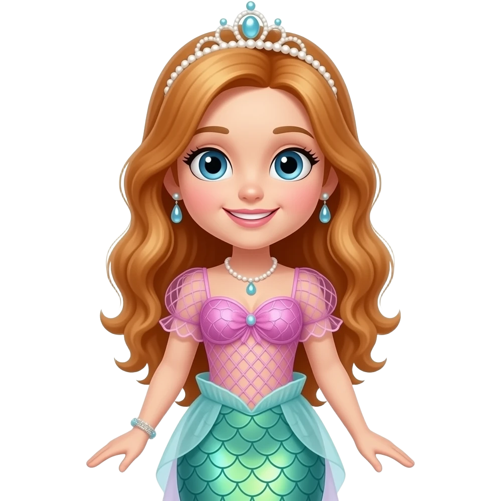 Bubbles the Mermaid from The Wiggles with blue eyes, long reddish blonde hair, pearl crown, pink fishnet dress with lilac mermaid corset emoji