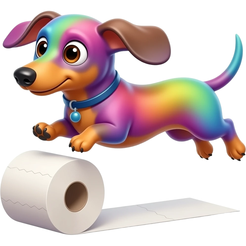 whimsical dachshund wide eyes full body jumping over toilet paper emoji