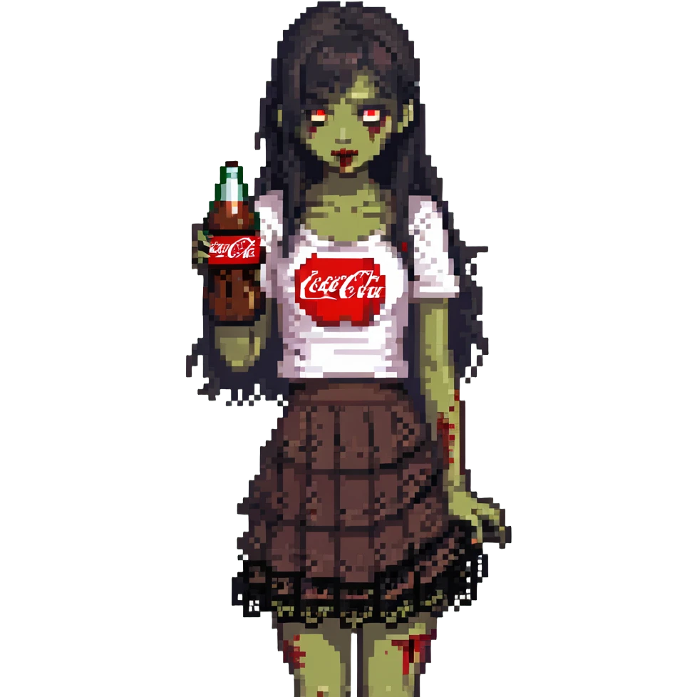 Generate an Asian girl, dark-haired, she's a zombie, wearing a skirt with lace, slightly torn,

Holding a bottle of Coca-Cola in her hands.

Background - a dark street in the style of Gotham City. emoji