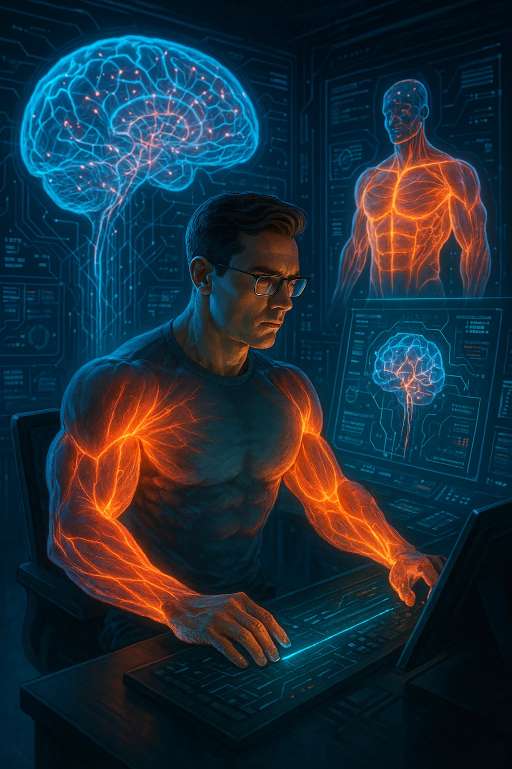 "Neuroscientist using advanced visualization to reprogram muscle development pathways, brain scans showing neural networks firing to stimulate muscle growth, expression of scientific breakthrough, his body responding to optimized mental training protocols, muscle memory being created without physical movement, consciousness hacking biological systems for muscle development" emoji