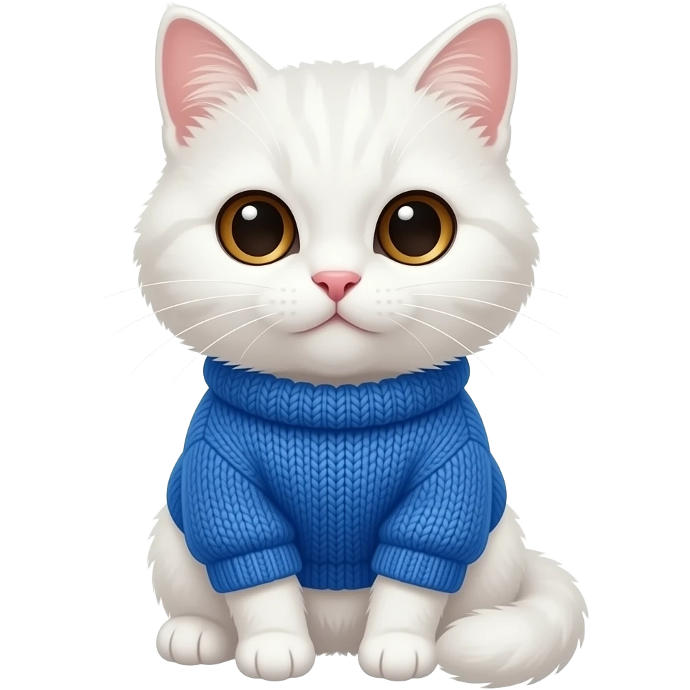 a sitting fluffy white kitten with brown eyes in a blue sweater emoji