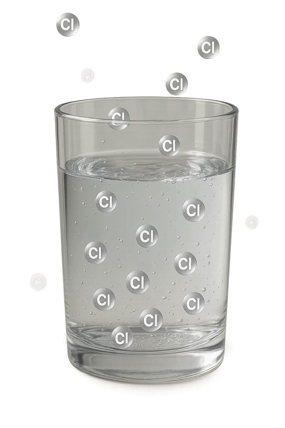 un bicchiere di acqua realistico e dettagliato fluttua in aria, dentro l'acqua del bicchiere ci sono particelle di cloro ben visibili con la scritta "Cl" sopra, ci sono particelle anche che escono dal bicchiere e fluttuano in aria verticalmente, mentre alcune sono all'interno dell'acqua nel bicchiere, iperrealistico 4k emoji