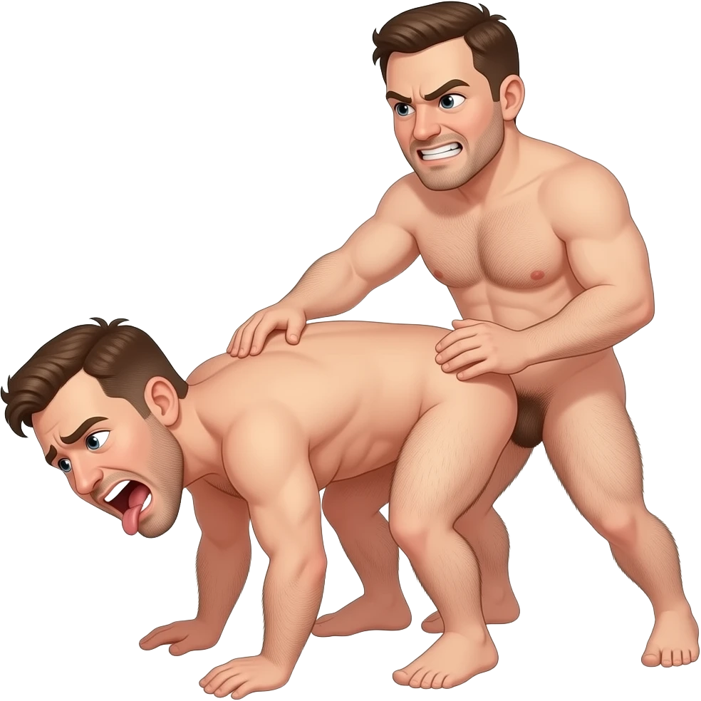 Naked hairy moaning man bending over, a stronger naked hairy angry smiling man standing behind him hitting and fucking him emoji