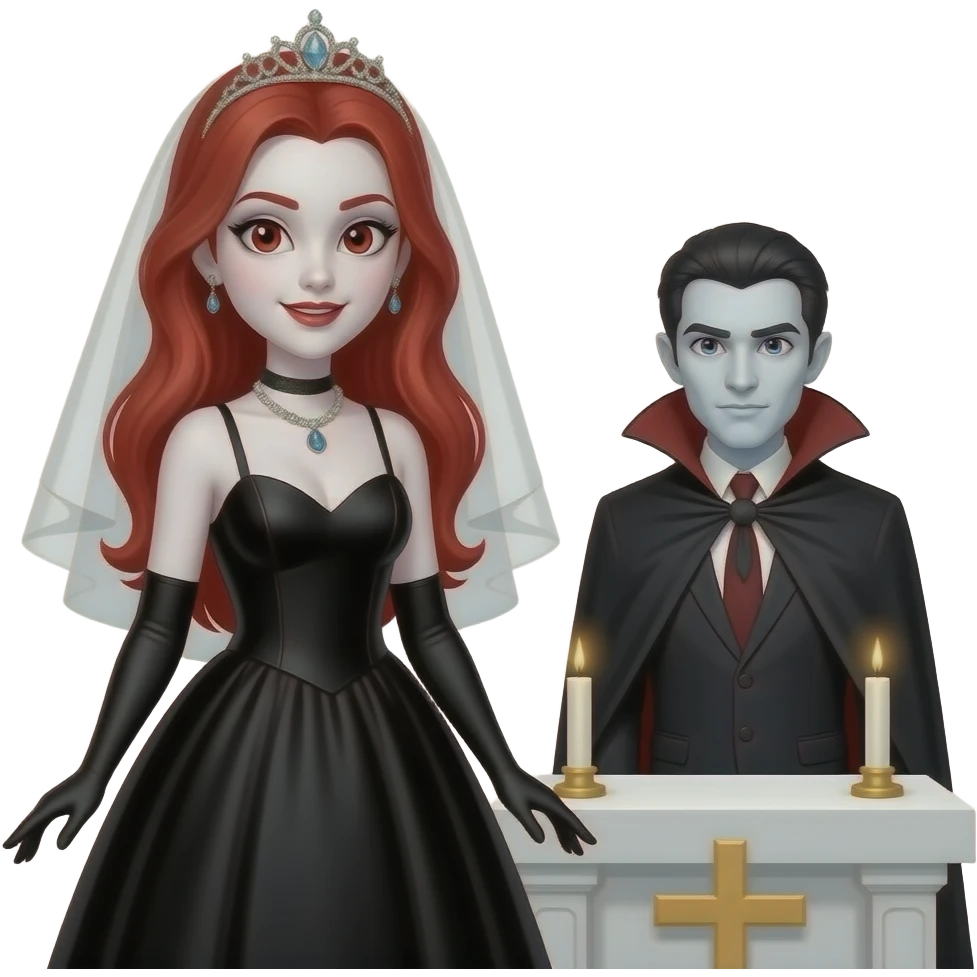 Vampiro femmina ADOLESCENTE con pelle bianca e capelli rossi indossa un vestito da sposa nera e una tiara di diamanti e si dirige verso l' altare dove c'è il suo fidanzato VAMPIRO con la pelle bianca e SENZA MANTELLO emoji