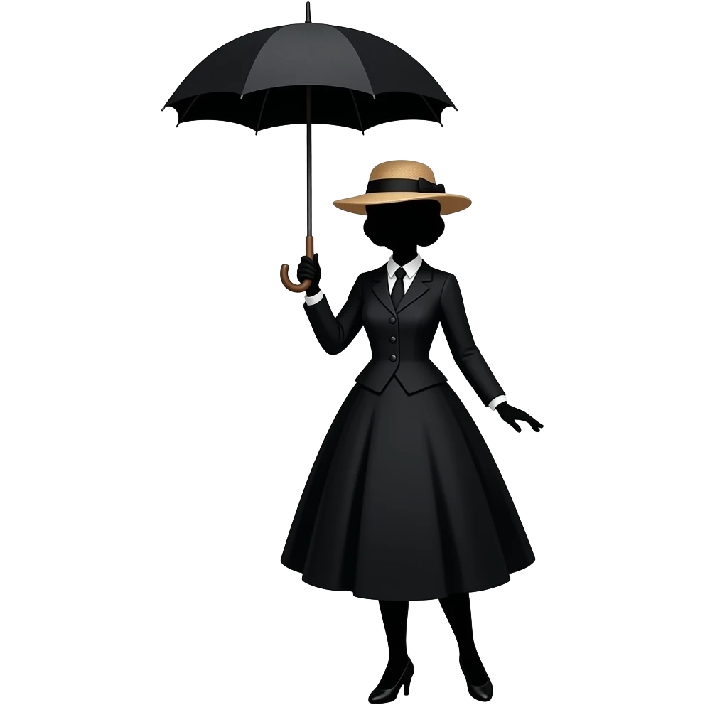totally black silhouette mary poppins style female in straw boater hat, old edwardian dress holding umbrella up high with umbrella hand above head and heels together and feet to pointing out forwards emoji