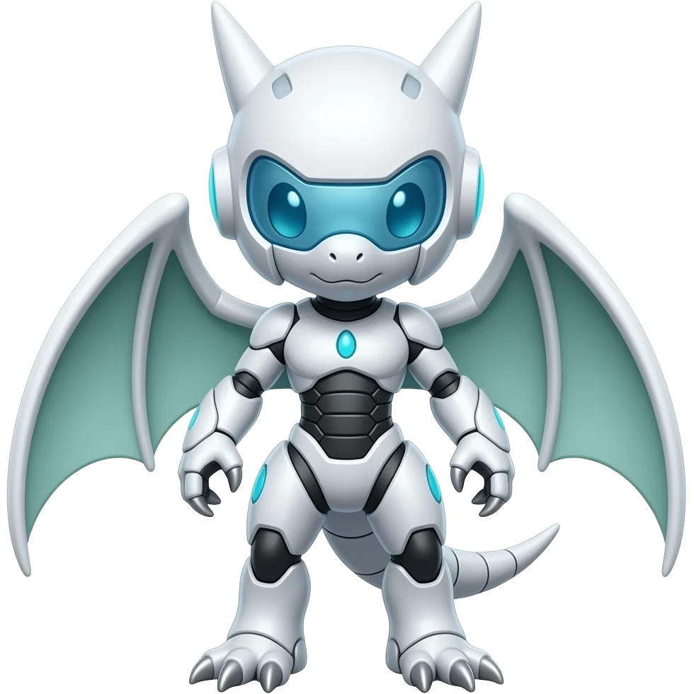 a shiny white Genesect-Flygon-Raptor-Fakémon—hybrid with a futuristic visor-helmet full body emoji