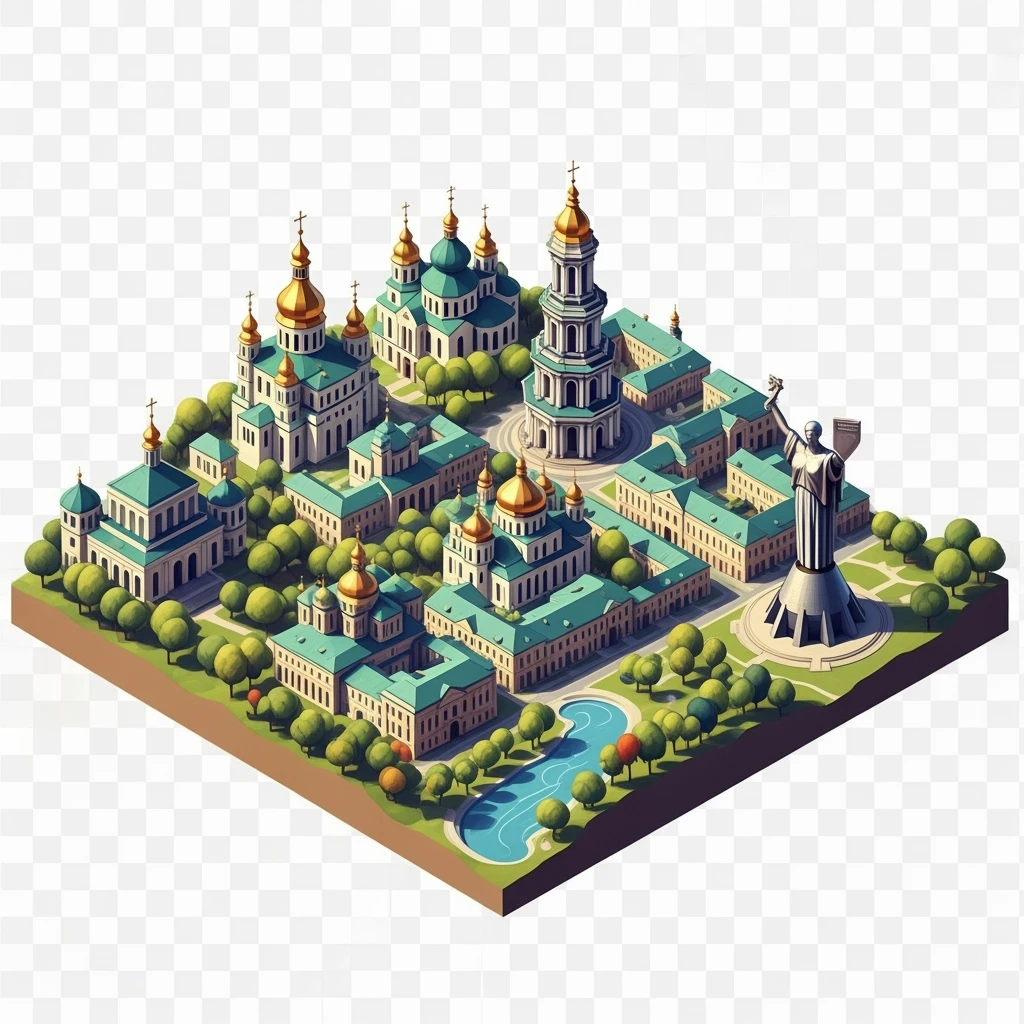 Isometric illustration of photorealistic Kyiv, balanced between paint stylized and realistic, 3D miniature effect, transparent background. emoji