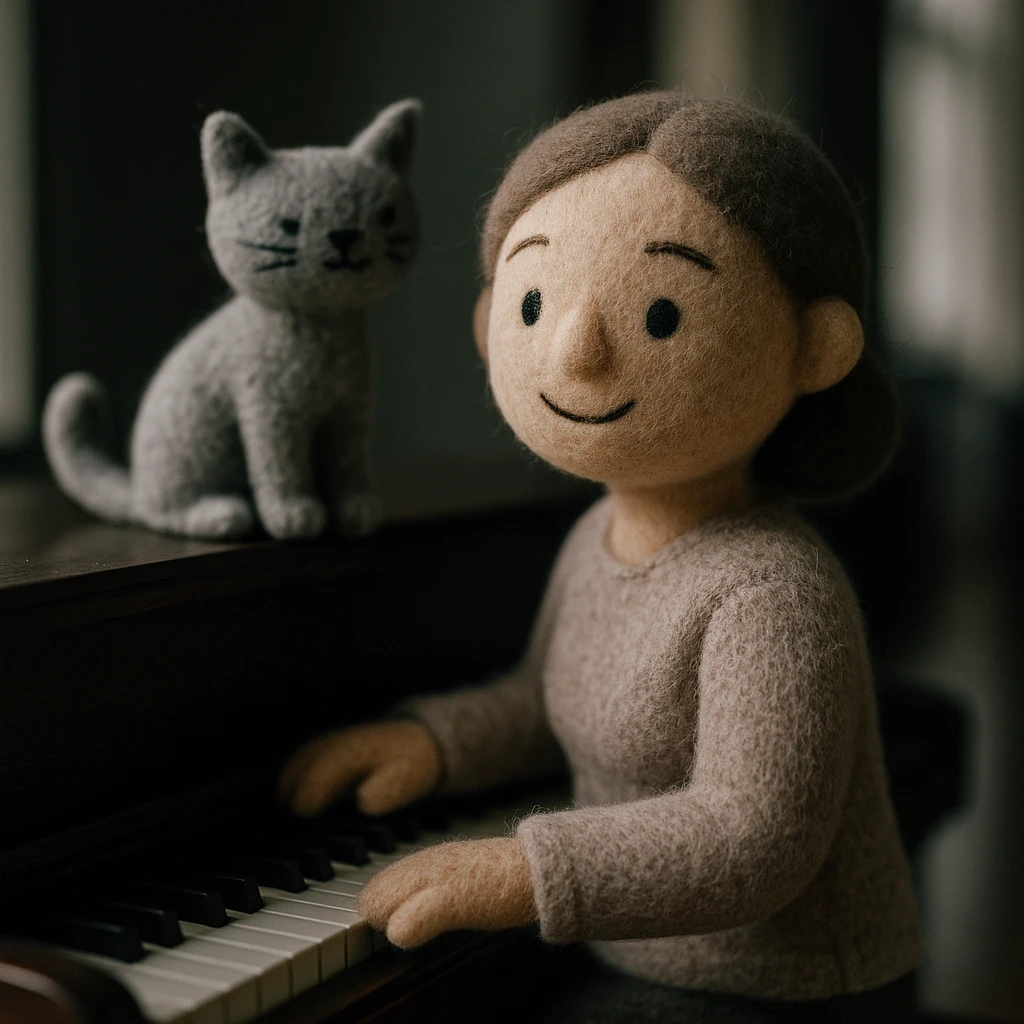 woman playing piano while her cat sits on top of the piano emoji