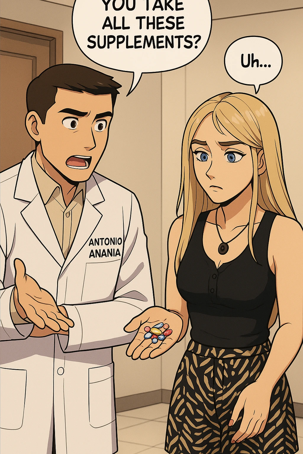 fai un webtoon/manga a colori con questo kinesiologo in camice bianco (fagli la scritta "ANTONIO ANANIA" SUL CAMICE) CHE PARLA CON QUESTA RAGAZZA CON GLI OCCHI AZZURRI. LA RAGAZZA HA UN PUGNO DI INTEGRATORI IN MANO (TANTE PILLOLE DIVERSE) E LE GUARDA DUBBIOSA. IL KINESIOLOGO CON IL CAMICE BIANCO LE DOMANDA UNA COSA SCIOCCATO. NON FARE I FUMETTI, FAI SOLO LORO COME SE DIALOGASSERO emoji