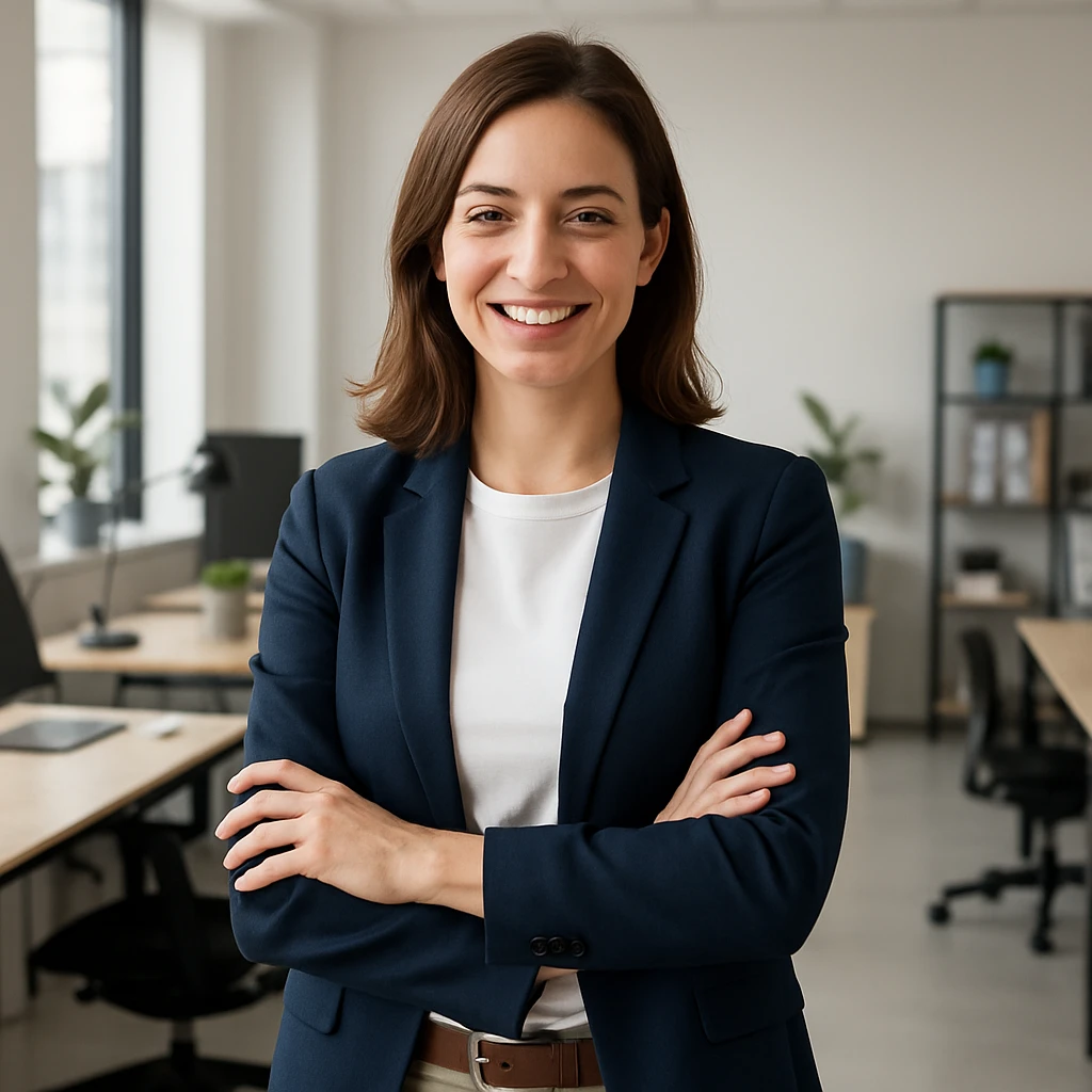 a professional-looking person in smart casual outfit with a friendly demeanor, office background, modern style emoji