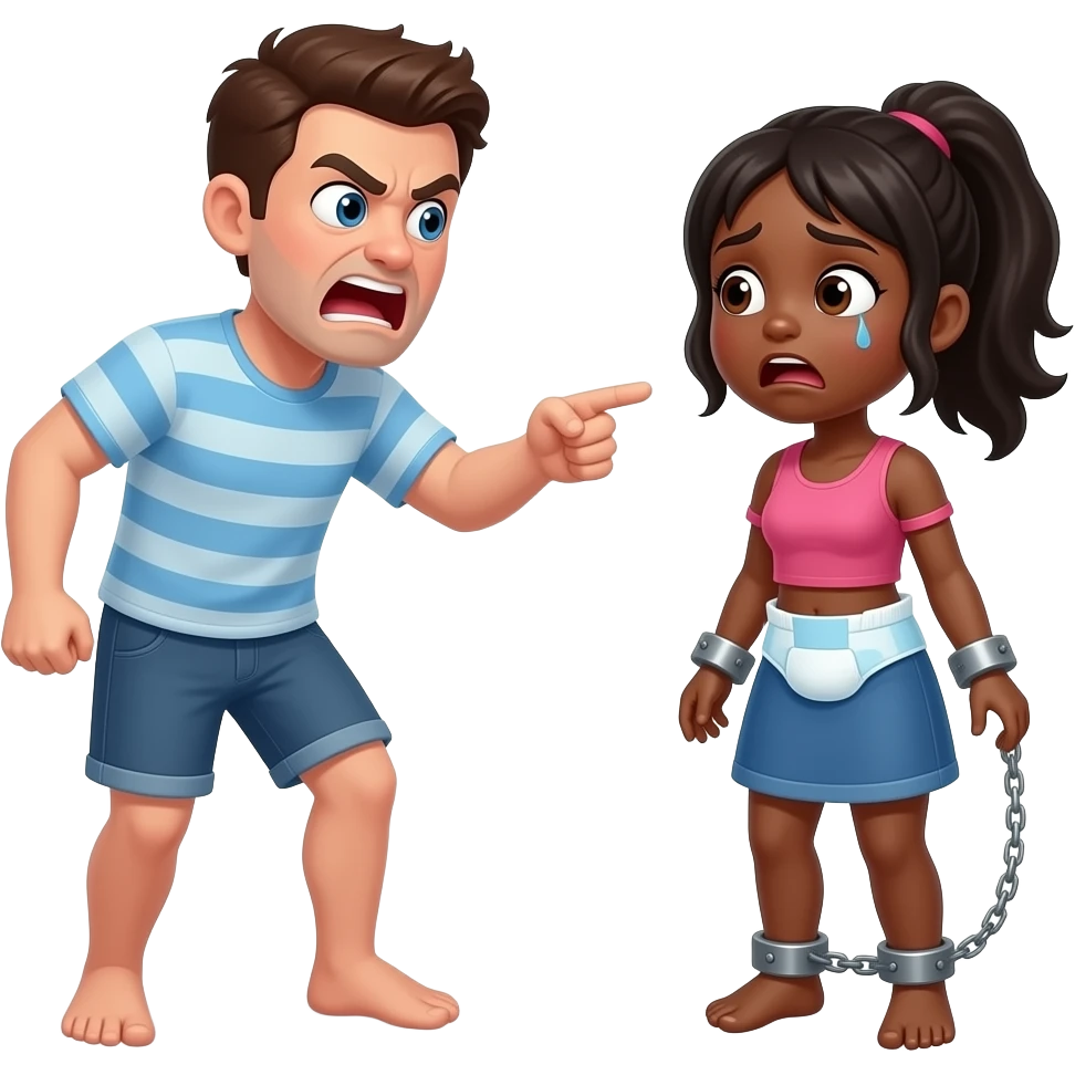 White guy yelling at a black woman while wearing a diaper. White guy is very angry and pointing. Black girl is very submissive and scared. Black girl has shackles on her hands and feet emoji